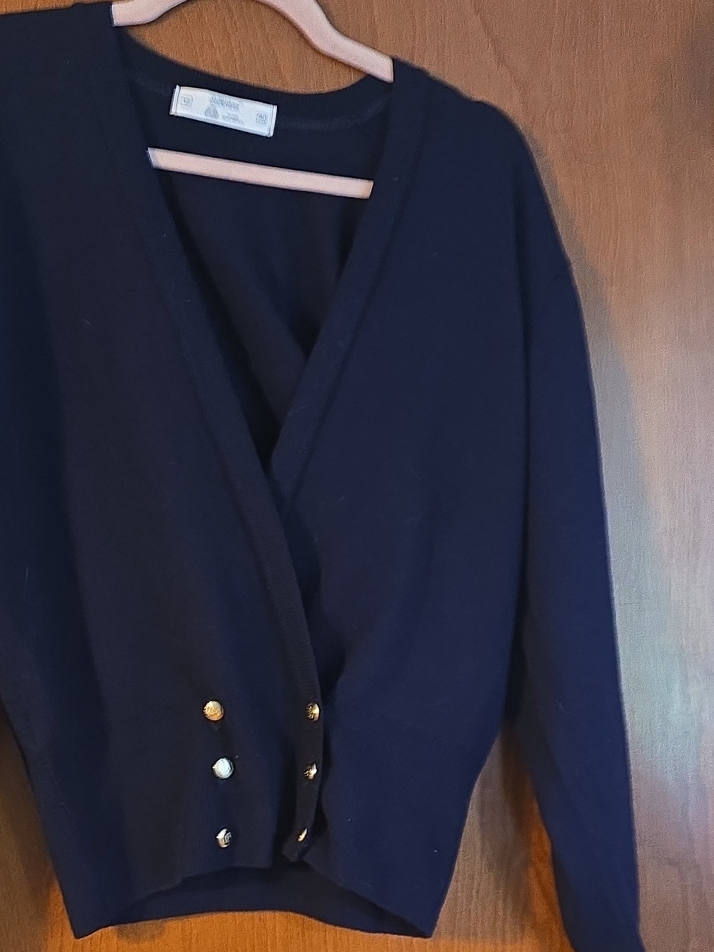 Navy Button-Accent Wrap Cardigan Sweater Wool